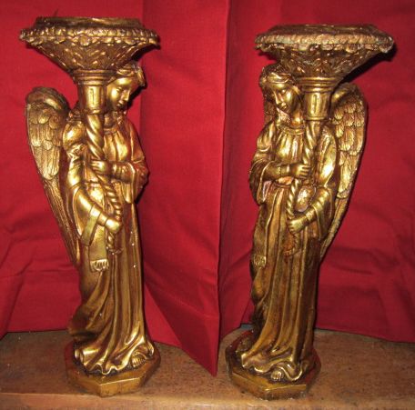 Pair of Heavy Neapolitan Gold Painted Angel Pillar Candle Stands Pair of Heavy Neapolitan Gold Painted Angel Pillar Candle Stands