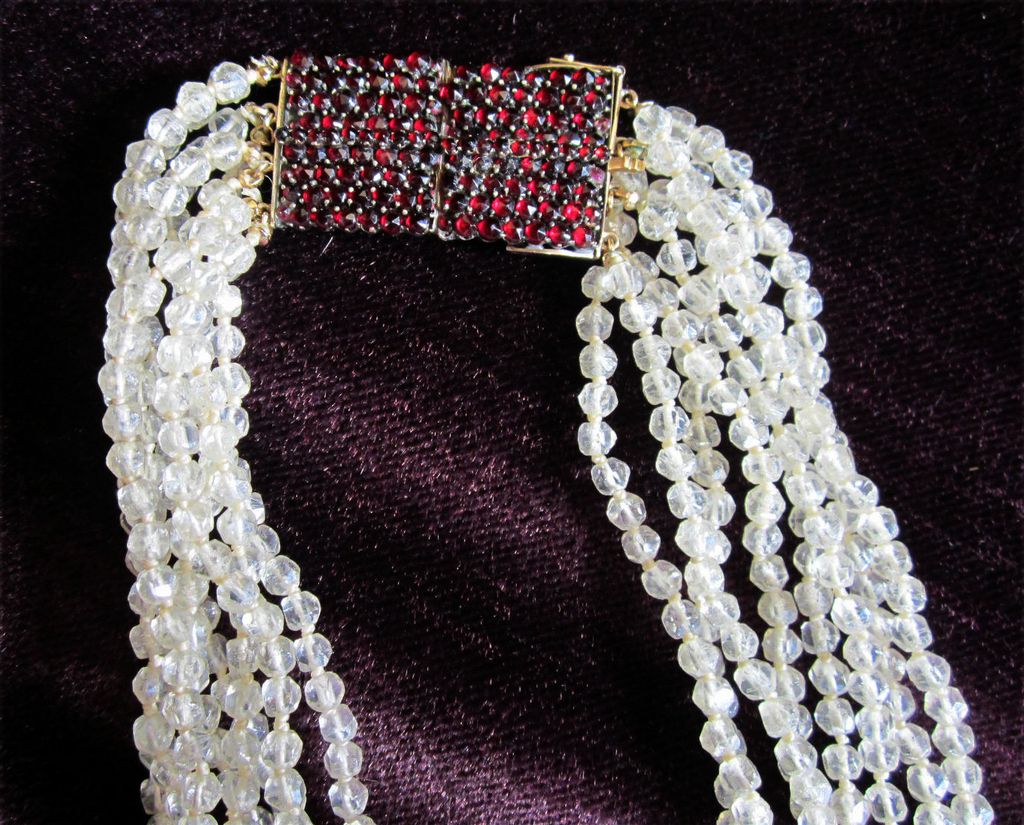 Vintage Hand Knotted 8 Strand Crystal With Natural Garnets And 14K Clasp Runway Flapper Necklace Vintage Hand Knotted 8 Strand Crystal With Natural Garnets And 14K Clasp Runway Flapper Necklace