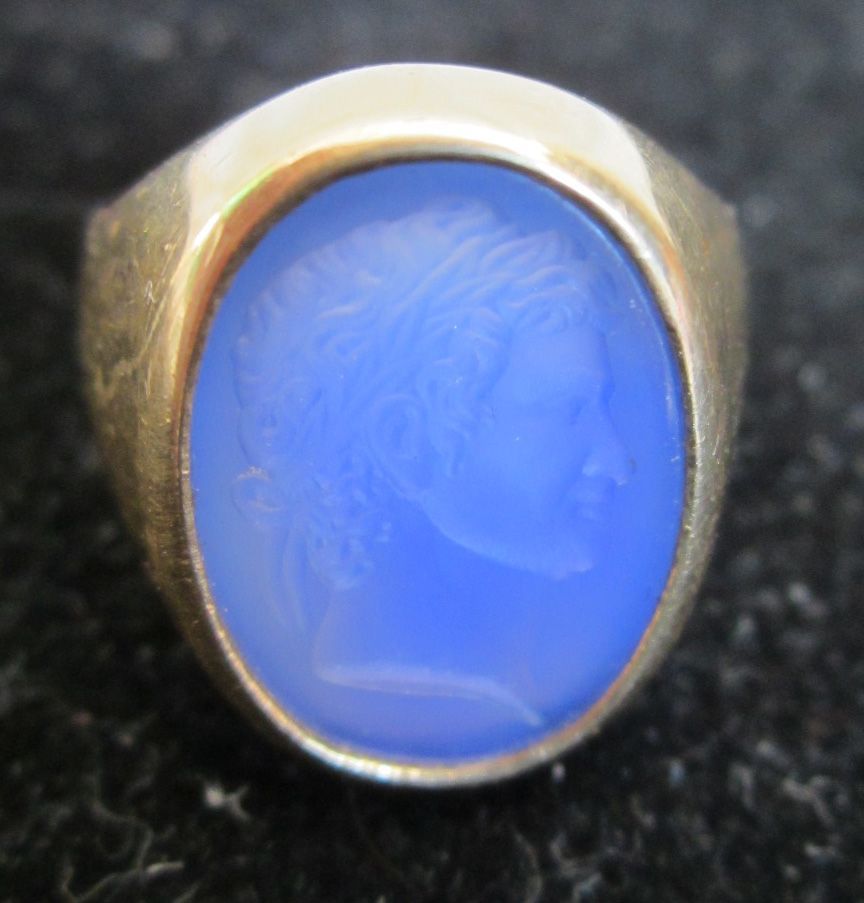 Antique 18k Gold Estate Ring Blue Agate Roman Caesar Intaglio Signet Antique 18k Gold Estate Ring Blue Agate Roman Caesar Intaglio Signet