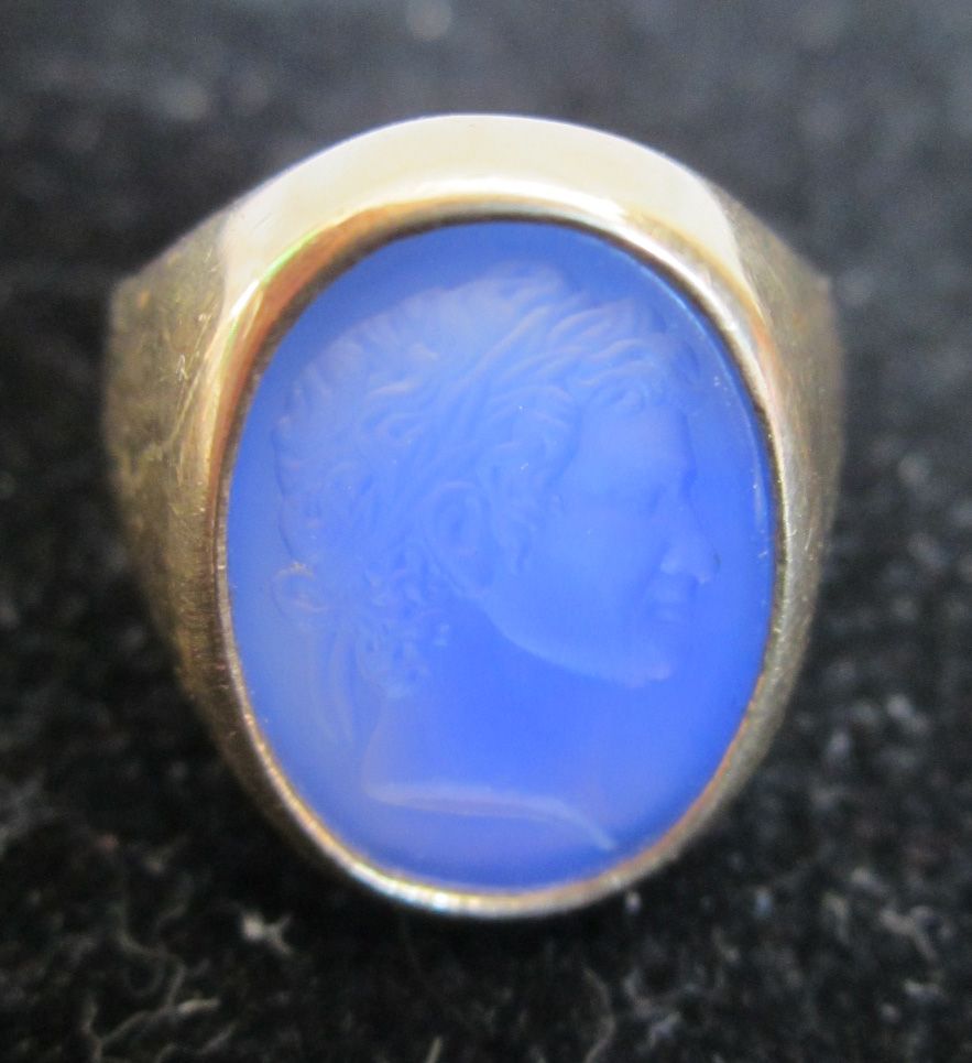 Antique 18k Gold Estate Ring Blue Agate Roman Caesar Intaglio Signet Antique 18k Gold Estate Ring Blue Agate Roman Caesar Intaglio Signet