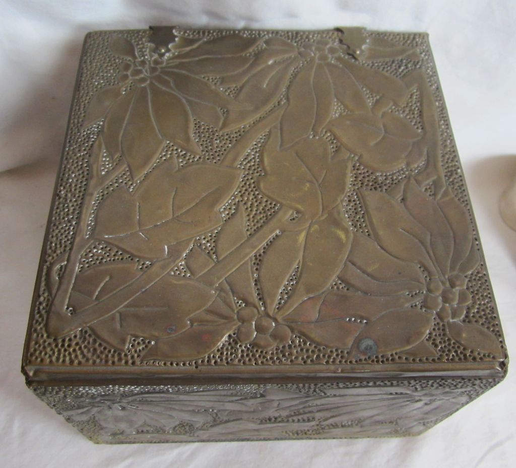 Antique Newcomb College Style Arts & Crafts Era Hand Hammered Foliage Brass Box Antique Newcomb College Style Arts & Crafts Era Hand Hammered Foliage Brass Box