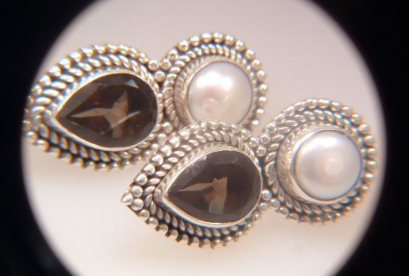 Vintage Sterling Silver Pearl And Smokey Quartz Earrings Vintage Sterling Silver Pearl And Smokey Quartz Earrings