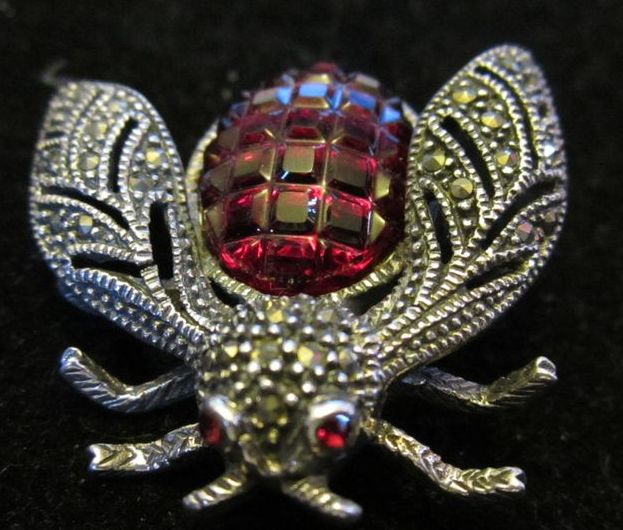 Vintage Red Cut Glass Sterling Silver and Marcasite Fly Vintage Red Cut Glass Sterling Silver and Marcasite Fly