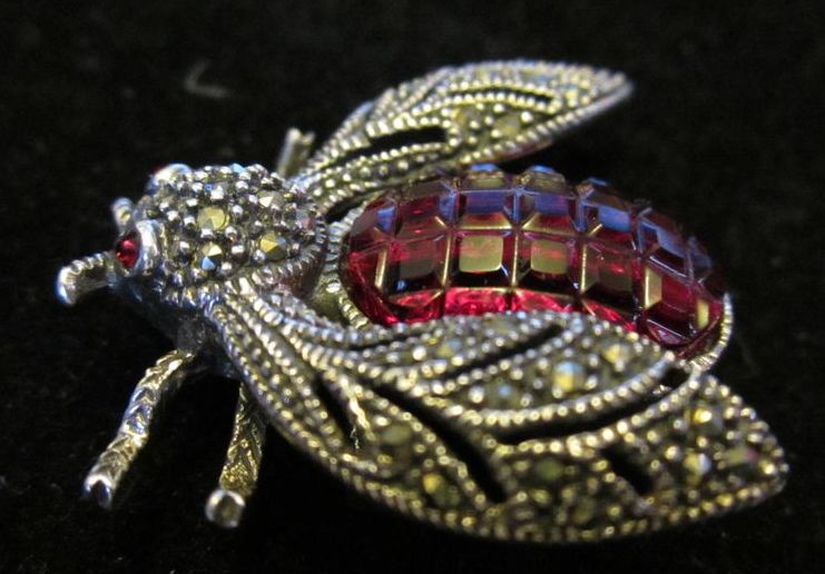 Vintage Red Cut Glass Sterling Silver and Marcasite Fly Vintage Red Cut Glass Sterling Silver and Marcasite Fly