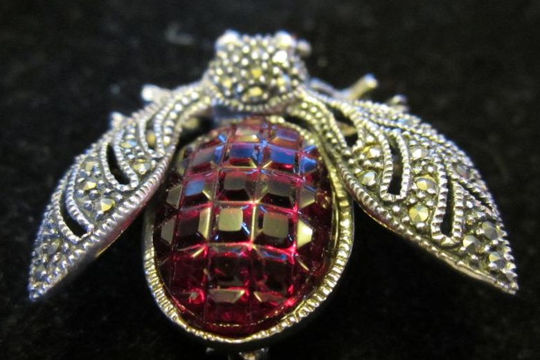 Vintage Red Cut Glass Sterling Silver and Marcasite Fly Vintage Red Cut Glass Sterling Silver and Marcasite Fly