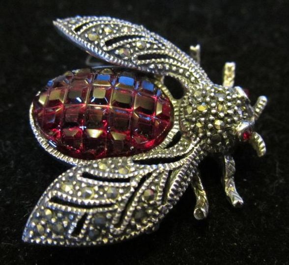 Vintage Red Cut Glass Sterling Silver and Marcasite Fly Vintage Red Cut Glass Sterling Silver and Marcasite Fly