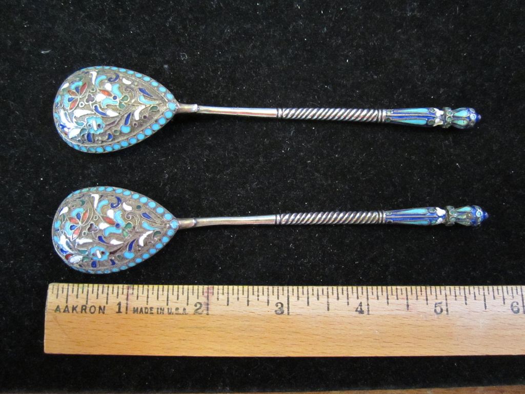 Pair of 19th Century Silver and Cloisonne Enamel Russian Spoons Pair of 19th Century Silver and Cloisonne Enamel Russian Spoons