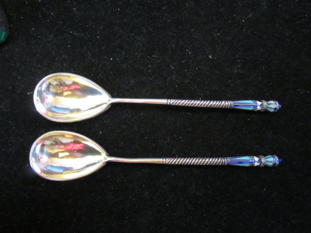 Pair of 19th Century Silver and Cloisonne Enamel Russian Spoons Pair of 19th Century Silver and Cloisonne Enamel Russian Spoons
