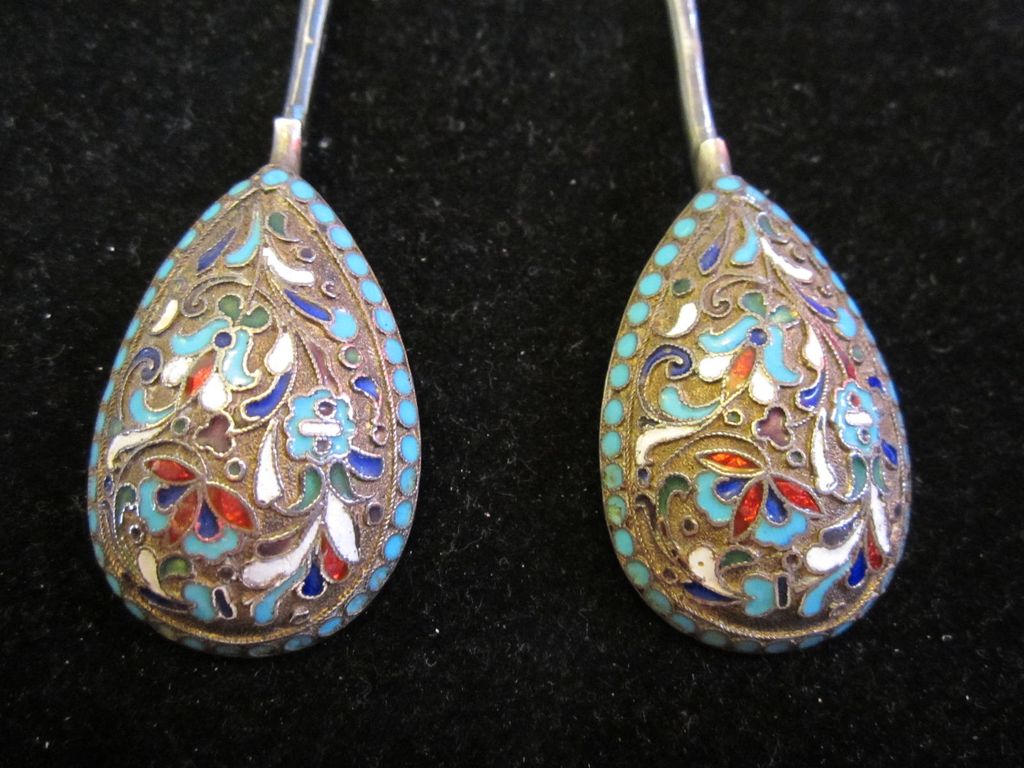 Pair of 19th Century Silver and Cloisonne Enamel Russian Spoons Pair of 19th Century Silver and Cloisonne Enamel Russian Spoons
