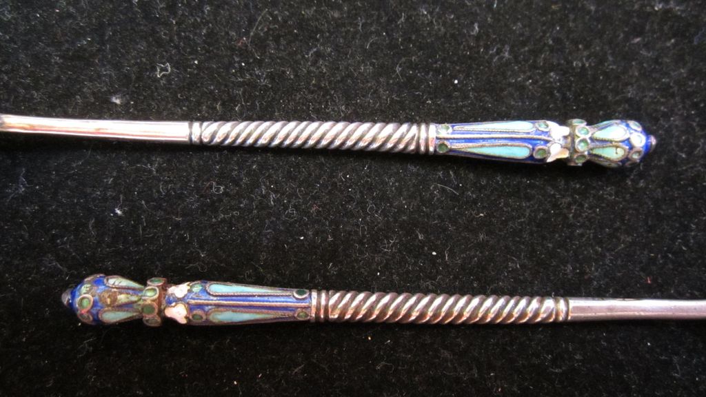 Pair of 19th Century Silver and Cloisonne Enamel Russian Spoons Pair of 19th Century Silver and Cloisonne Enamel Russian Spoons