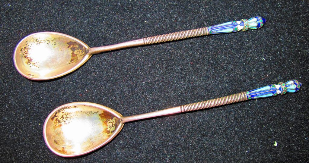 Pair of 19th Century Silver and Cloisonne Enamel Russian Spoons Pair of 19th Century Silver and Cloisonne Enamel Russian Spoons
