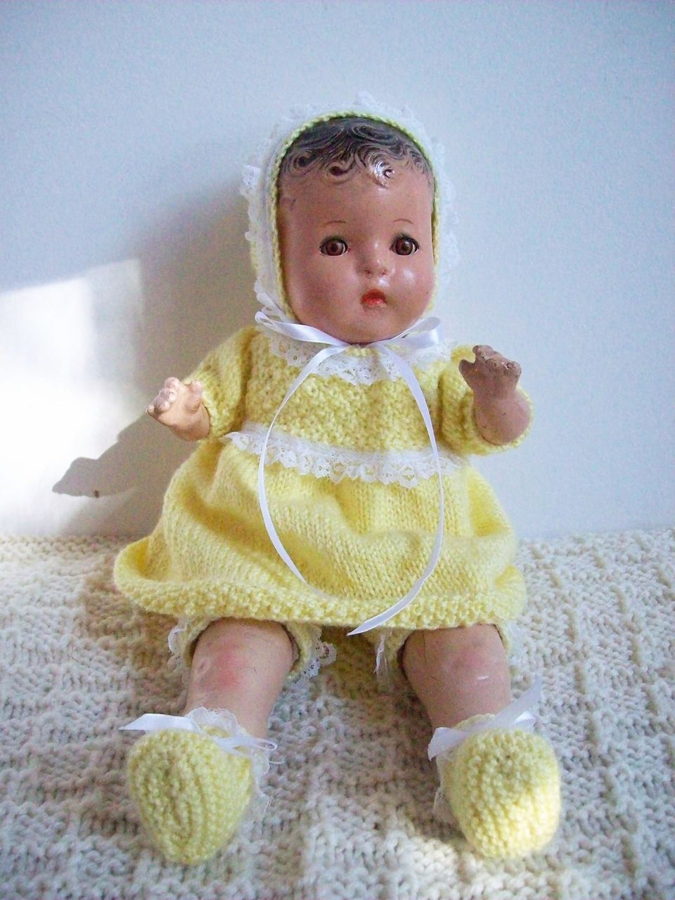Horsman baby girl doll, composition/cloth, 14" long, 5 pc hand knit set in yellow Horsman baby girl doll, composition/cloth, 14" long, 5 pc hand knit set in yellow