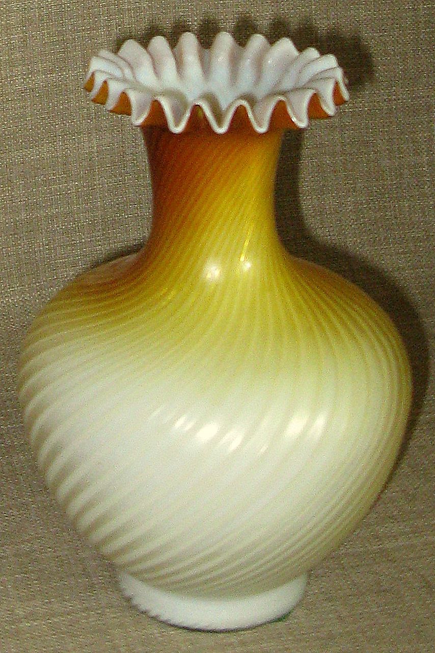 Stunning Antique 7 1/2" Butterscotch Swirl Mother of Pearl Satin Glass Vase w/Crimped Lip Stunning Antique 7 1/2" Butterscotch Swirl Mother of Pearl Satin Glass Vase w/Crimped Lip
