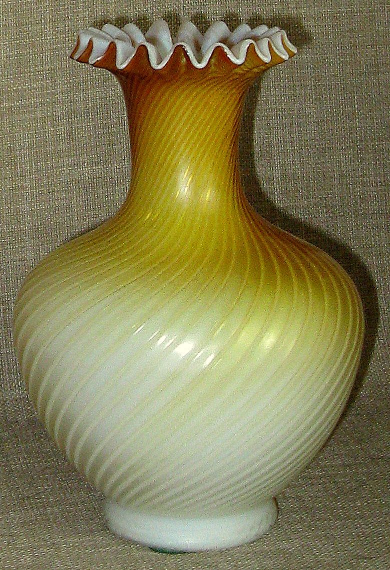 Stunning Antique 7 1/2" Butterscotch Swirl Mother of Pearl Satin Glass Vase w/Crimped Lip Stunning Antique 7 1/2" Butterscotch Swirl Mother of Pearl Satin Glass Vase w/Crimped Lip