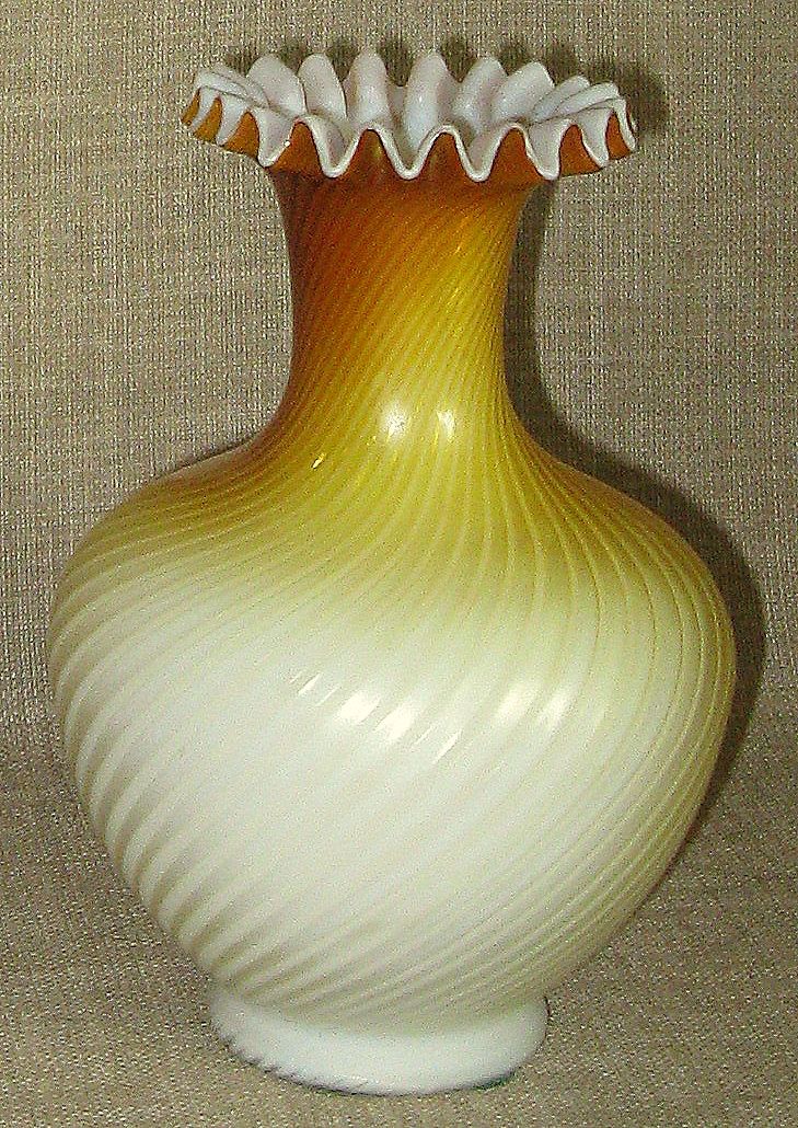 Stunning Antique 7 1/2" Butterscotch Swirl Mother of Pearl Satin Glass Vase w/Crimped Lip Stunning Antique 7 1/2" Butterscotch Swirl Mother of Pearl Satin Glass Vase w/Crimped Lip