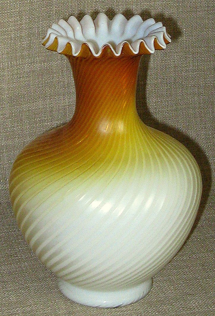 Stunning Antique 7 1/2" Butterscotch Swirl Mother of Pearl Satin Glass Vase w/Crimped Lip Stunning Antique 7 1/2" Butterscotch Swirl Mother of Pearl Satin Glass Vase w/Crimped Lip
