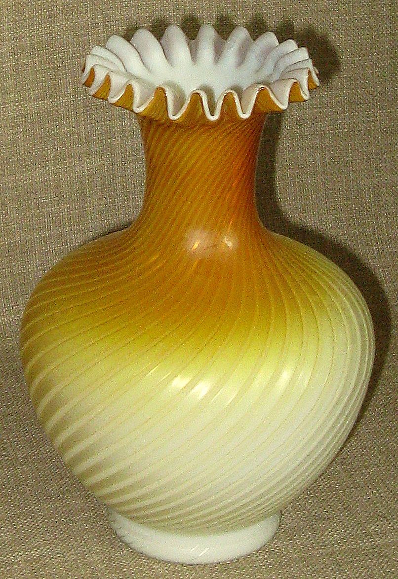 Stunning Antique 7 1/2" Butterscotch Swirl Mother of Pearl Satin Glass Vase w/Crimped Lip Stunning Antique 7 1/2" Butterscotch Swirl Mother of Pearl Satin Glass Vase w/Crimped Lip
