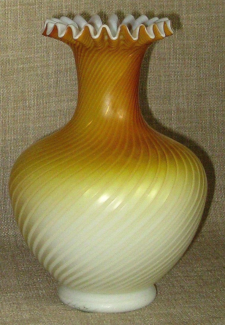 Stunning Antique 7 1/2" Butterscotch Swirl Mother of Pearl Satin Glass Vase w/Crimped Lip Stunning Antique 7 1/2" Butterscotch Swirl Mother of Pearl Satin Glass Vase w/Crimped Lip