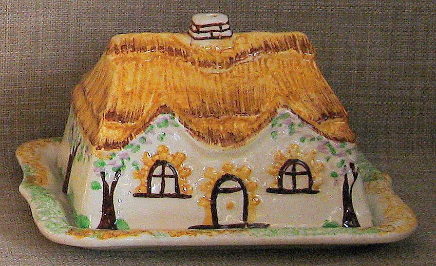 Charming & Hard-To-Find Handpainted Staffordshire Cottage Ware Butter/Cheese Keeper Charming & Hard-To-Find Handpainted Staffordshire Cottage Ware Butter/Cheese Keeper
