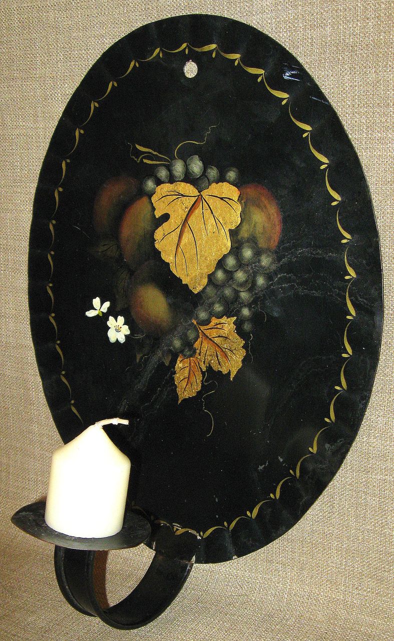 Incredible Antique Tole Gold Leafed & Painted Tin Candle Sconce & Reflector Incredible Antique Tole Gold Leafed & Painted Tin Candle Sconce & Reflector
