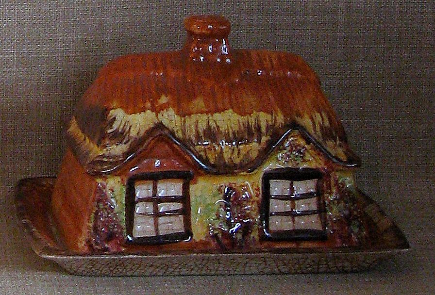 HTF Handpainted Old Price & Kensington Staffordshire Cottage Ware Butter Keeper HTF Handpainted Old Price & Kensington Staffordshire Cottage Ware Butter Keeper