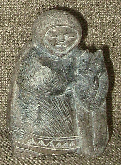 Charming Small Inuit Soapstone Carving Eskimo w/Sled Dog Charming Small Inuit Soapstone Carving Eskimo w/Sled Dog