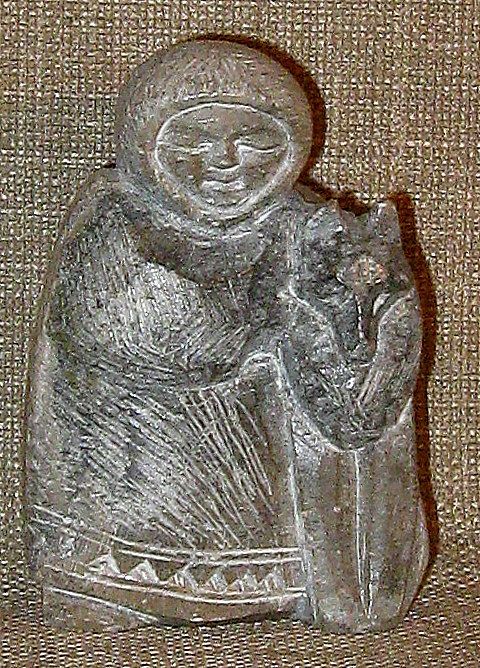 Charming Small Inuit Soapstone Carving Eskimo w/Sled Dog Charming Small Inuit Soapstone Carving Eskimo w/Sled Dog
