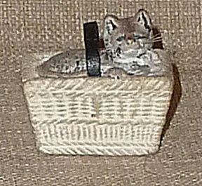 Tiny & Adorable Chalkware Cat in a Basket—Has Whiskers & Leather Strap Tiny & Adorable Chalkware Cat in a Basket—Has Whiskers & Leather Strap
