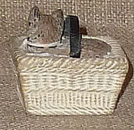 Tiny & Adorable Chalkware Cat in a Basket—Has Whiskers & Leather Strap Tiny & Adorable Chalkware Cat in a Basket—Has Whiskers & Leather Strap