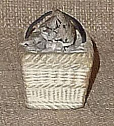 Tiny & Adorable Chalkware Cat in a Basket—Has Whiskers & Leather Strap Tiny & Adorable Chalkware Cat in a Basket—Has Whiskers & Leather Strap