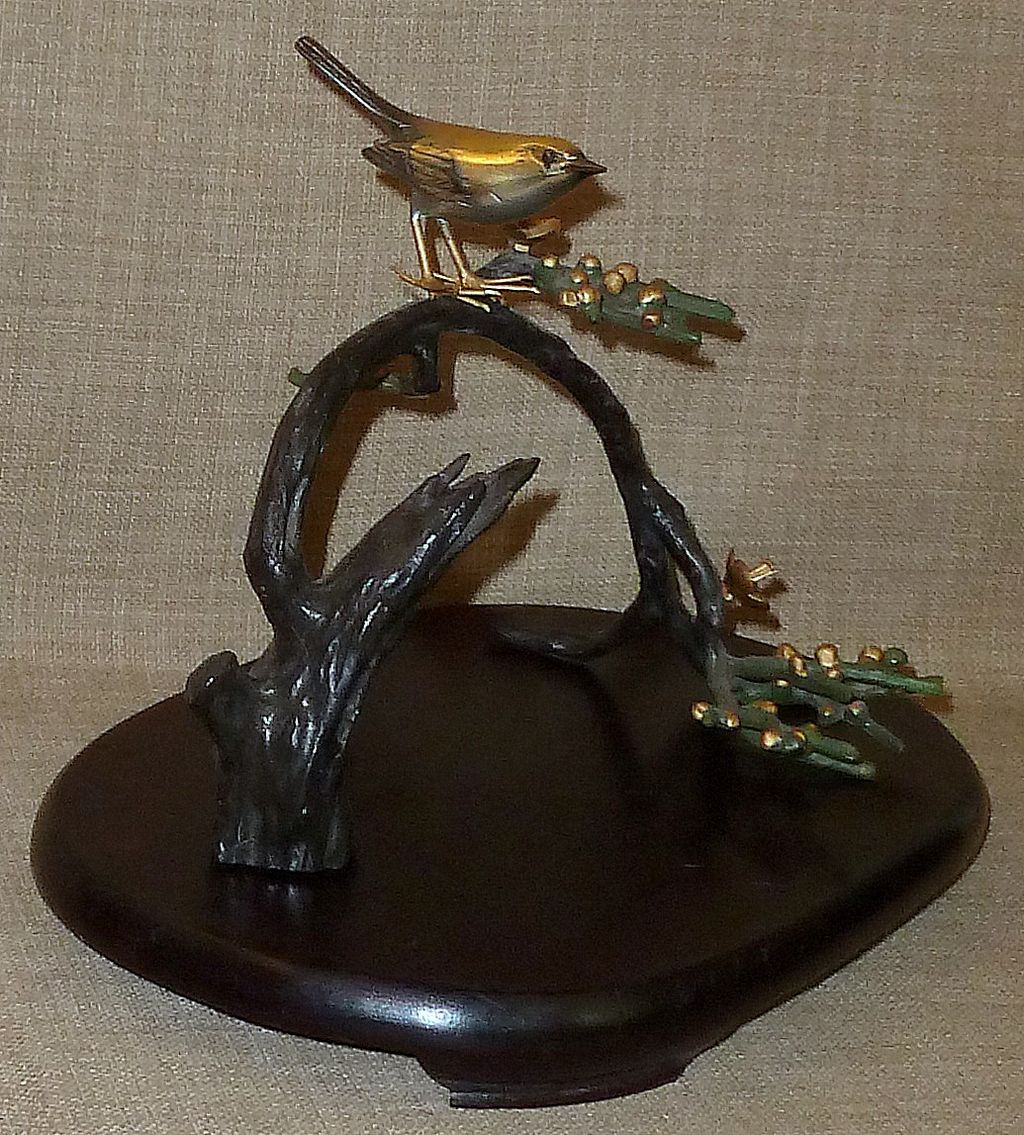 Signed Japanese Hand Colored Sculpture—Bird on Flowering Branch w/Wood Base Signed Japanese Hand Colored Sculpture—Bird on Flowering Branch w/Wood Base