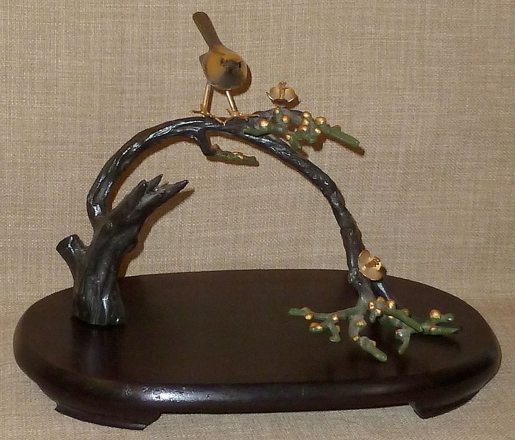 Signed Japanese Hand Colored Sculpture—Bird on Flowering Branch w/Wood Base Signed Japanese Hand Colored Sculpture—Bird on Flowering Branch w/Wood Base