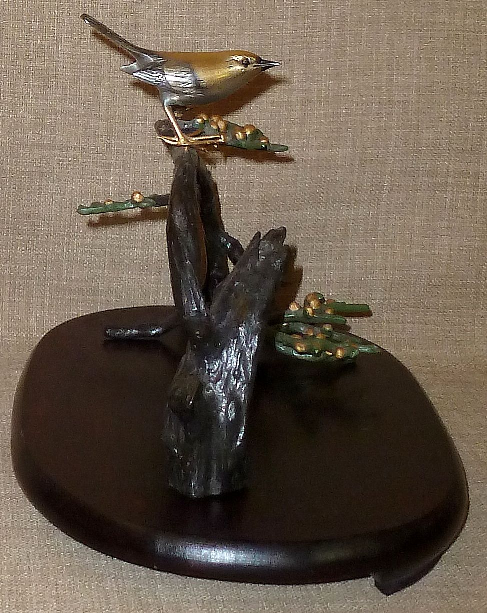 Signed Japanese Hand Colored Sculpture—Bird on Flowering Branch w/Wood Base Signed Japanese Hand Colored Sculpture—Bird on Flowering Branch w/Wood Base