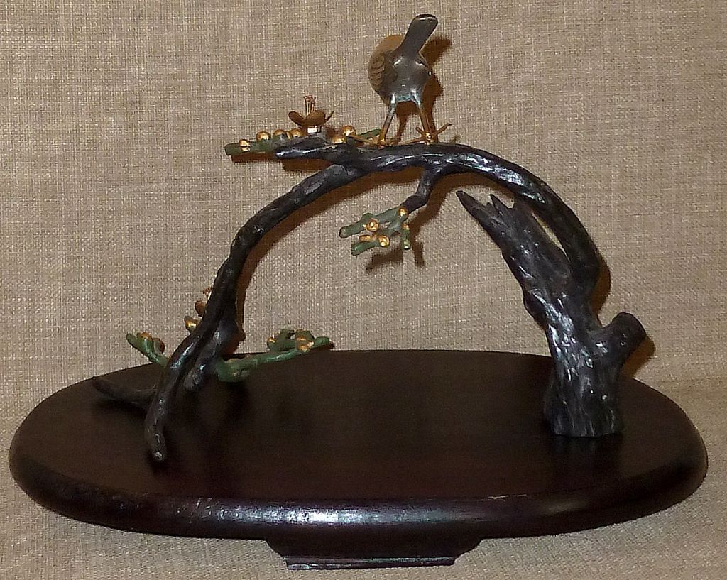 Signed Japanese Hand Colored Sculpture—Bird on Flowering Branch w/Wood Base Signed Japanese Hand Colored Sculpture—Bird on Flowering Branch w/Wood Base
