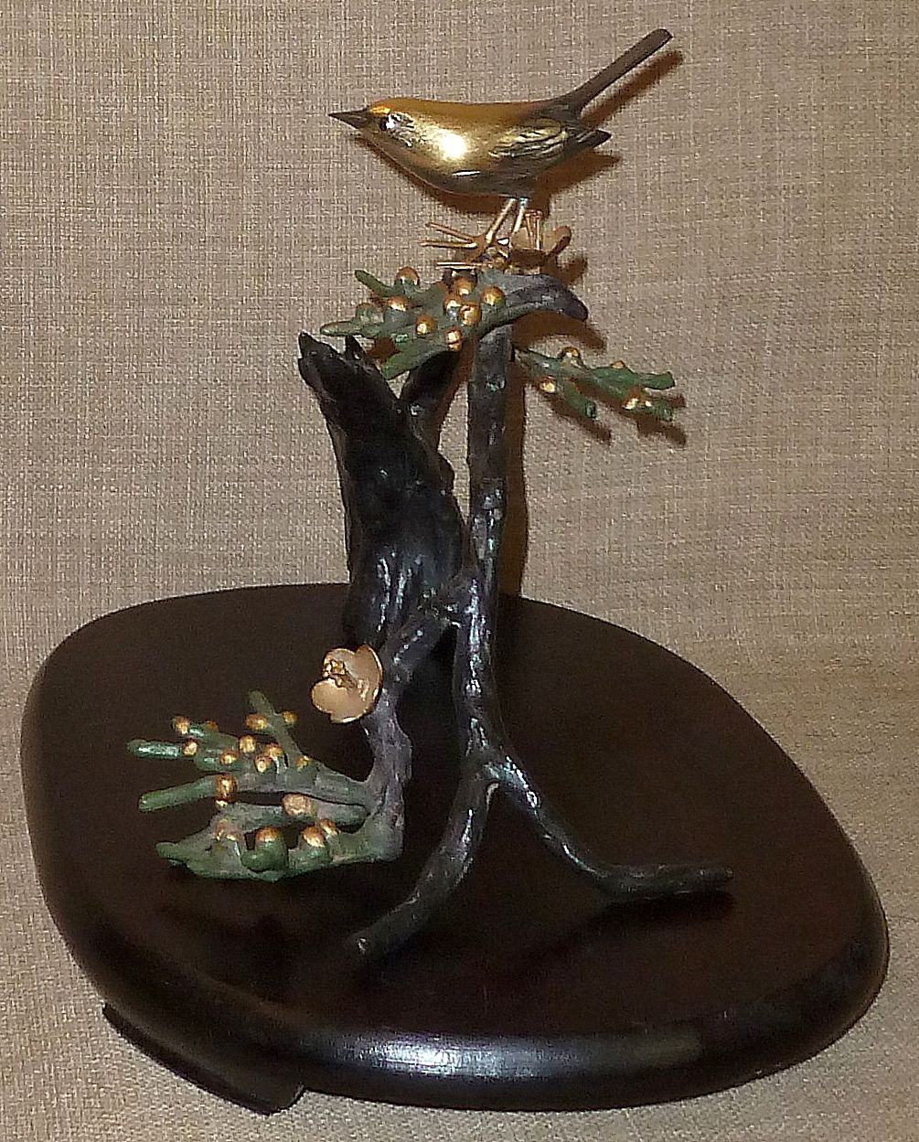 Signed Japanese Hand Colored Sculpture—Bird on Flowering Branch w/Wood Base Signed Japanese Hand Colored Sculpture—Bird on Flowering Branch w/Wood Base