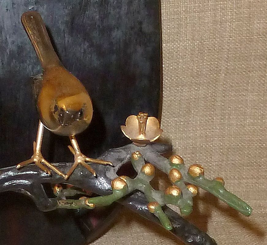Signed Japanese Hand Colored Sculpture—Bird on Flowering Branch w/Wood Base Signed Japanese Hand Colored Sculpture—Bird on Flowering Branch w/Wood Base