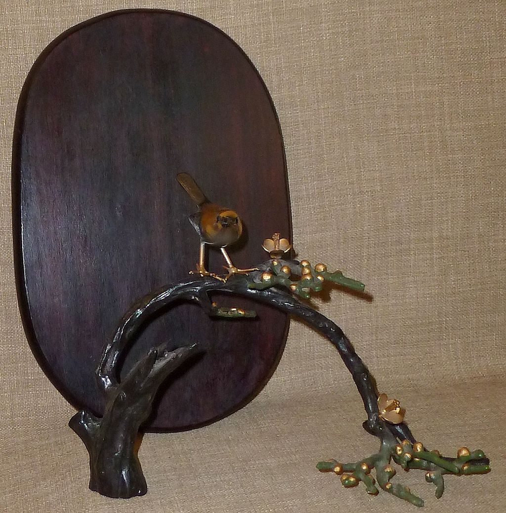 Signed Japanese Hand Colored Sculpture—Bird on Flowering Branch w/Wood Base Signed Japanese Hand Colored Sculpture—Bird on Flowering Branch w/Wood Base