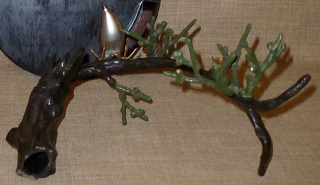 Signed Japanese Hand Colored Sculpture—Bird on Flowering Branch w/Wood Base Signed Japanese Hand Colored Sculpture—Bird on Flowering Branch w/Wood Base