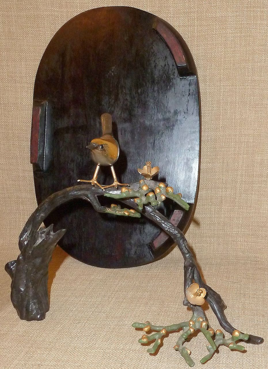 Signed Japanese Hand Colored Sculpture—Bird on Flowering Branch w/Wood Base Signed Japanese Hand Colored Sculpture—Bird on Flowering Branch w/Wood Base