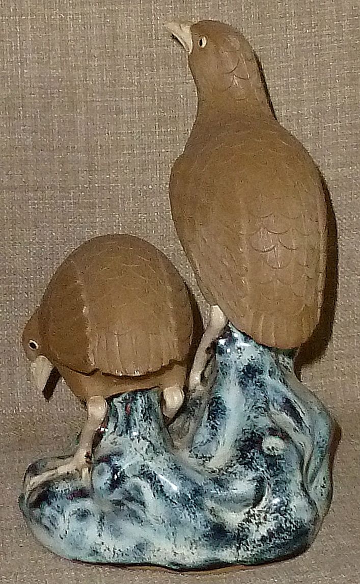 Antique 1910s Exquisitely Detailed Bisque Art Pottery Birds on Glazed Base Antique 1910s Exquisitely Detailed Bisque Art Pottery Birds on Glazed Base