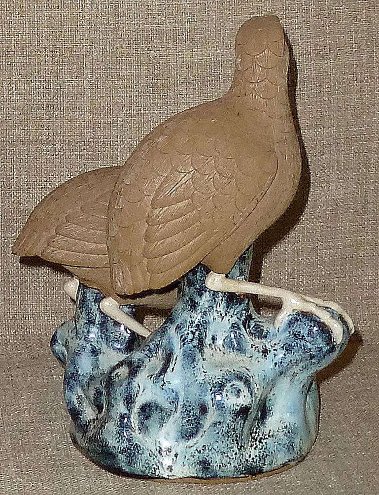 Antique 1910s Exquisitely Detailed Bisque Art Pottery Birds on Glazed Base Antique 1910s Exquisitely Detailed Bisque Art Pottery Birds on Glazed Base