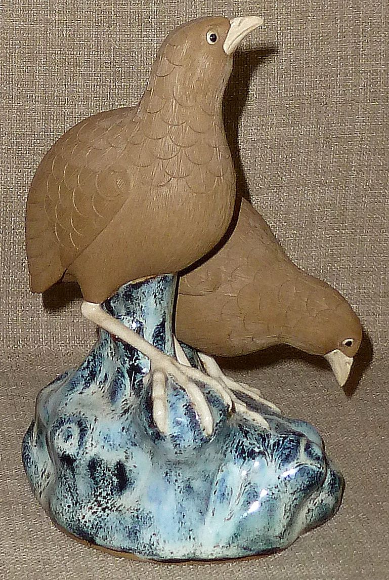 Antique 1910s Exquisitely Detailed Bisque Art Pottery Birds on Glazed Base Antique 1910s Exquisitely Detailed Bisque Art Pottery Birds on Glazed Base