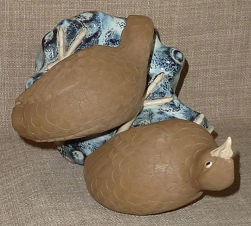 Antique 1910s Exquisitely Detailed Bisque Art Pottery Birds on Glazed Base Antique 1910s Exquisitely Detailed Bisque Art Pottery Birds on Glazed Base