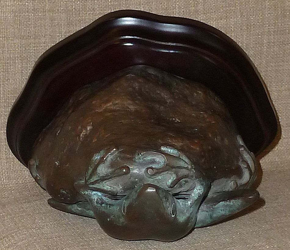 Beautiful Verdigris Bronze Frog on Rock w/Wood Base Beautiful Verdigris Bronze Frog on Rock w/Wood Base