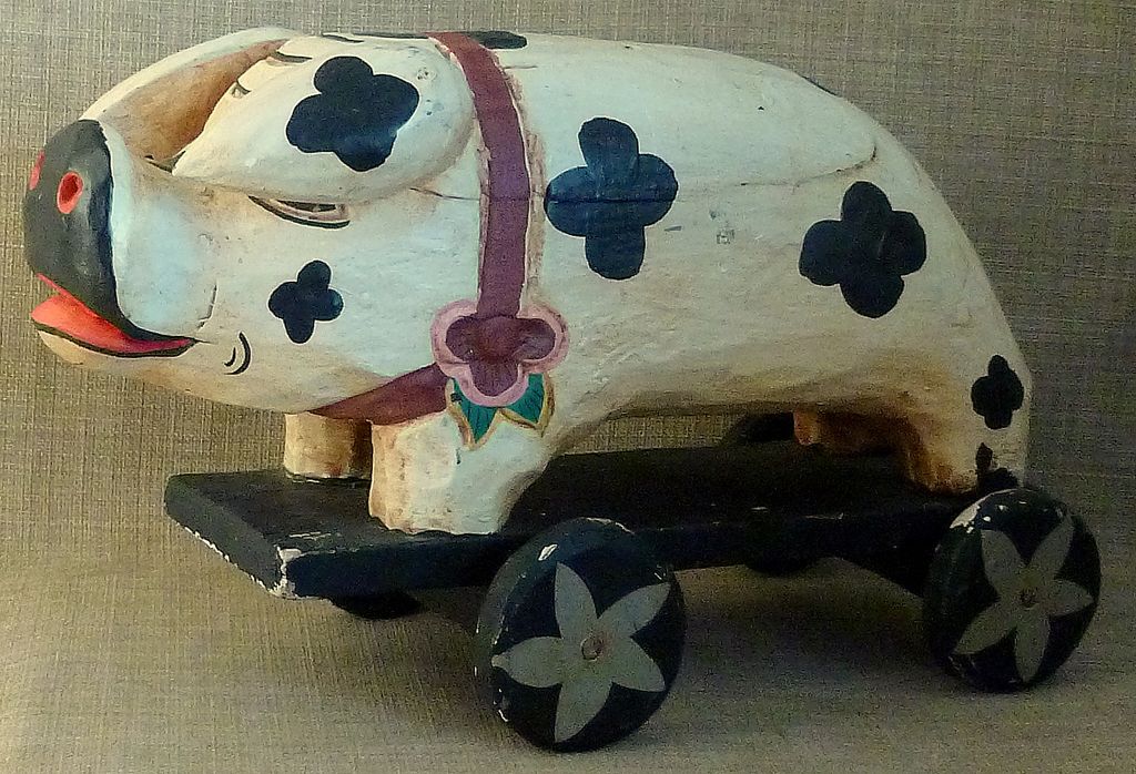 Primitive Old Hand Carved & Painted Folk Art Pig Toy on Wheels Primitive Old Hand Carved & Painted Folk Art Pig Toy on Wheels
