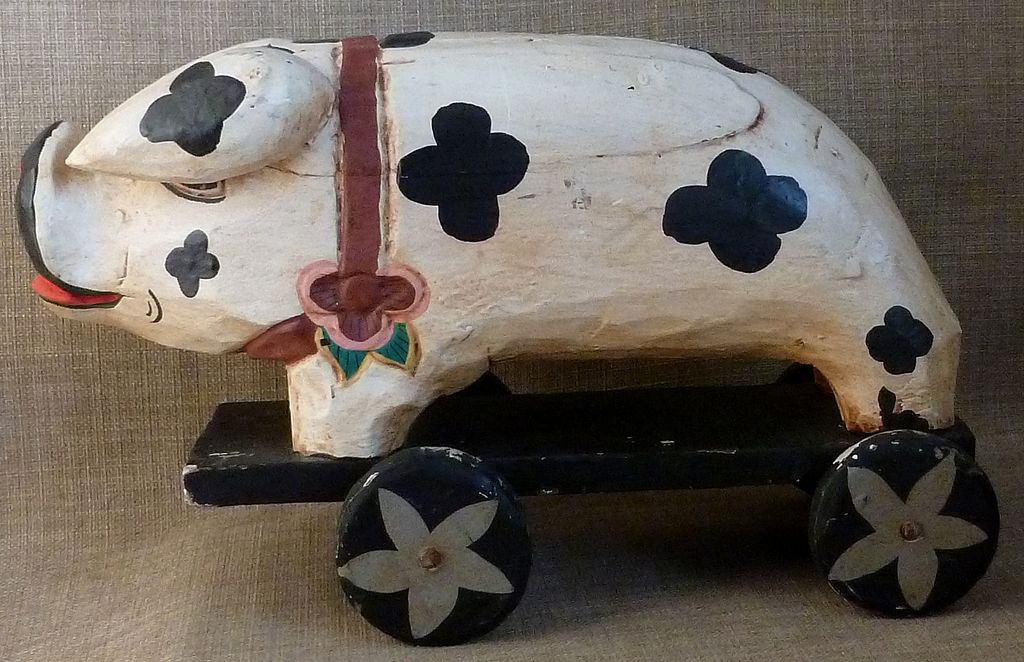 Primitive Old Hand Carved & Painted Folk Art Pig Toy on Wheels Primitive Old Hand Carved & Painted Folk Art Pig Toy on Wheels