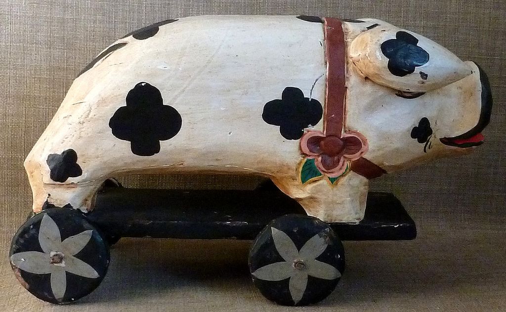 Primitive Old Hand Carved & Painted Folk Art Pig Toy on Wheels Primitive Old Hand Carved & Painted Folk Art Pig Toy on Wheels