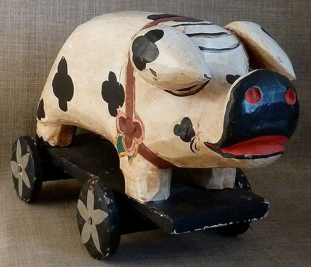 Primitive Old Hand Carved & Painted Folk Art Pig Toy on Wheels Primitive Old Hand Carved & Painted Folk Art Pig Toy on Wheels