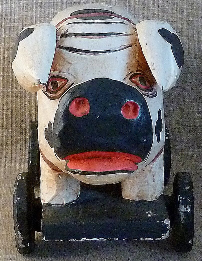 Primitive Old Hand Carved & Painted Folk Art Pig Toy on Wheels Primitive Old Hand Carved & Painted Folk Art Pig Toy on Wheels