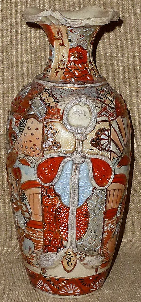 Signed 1800s 10" Japanese Meiji Period Satsuma Vase w/Moriage & Enamel Signed 1800s 10" Japanese Meiji Period Satsuma Vase w/Moriage & Enamel